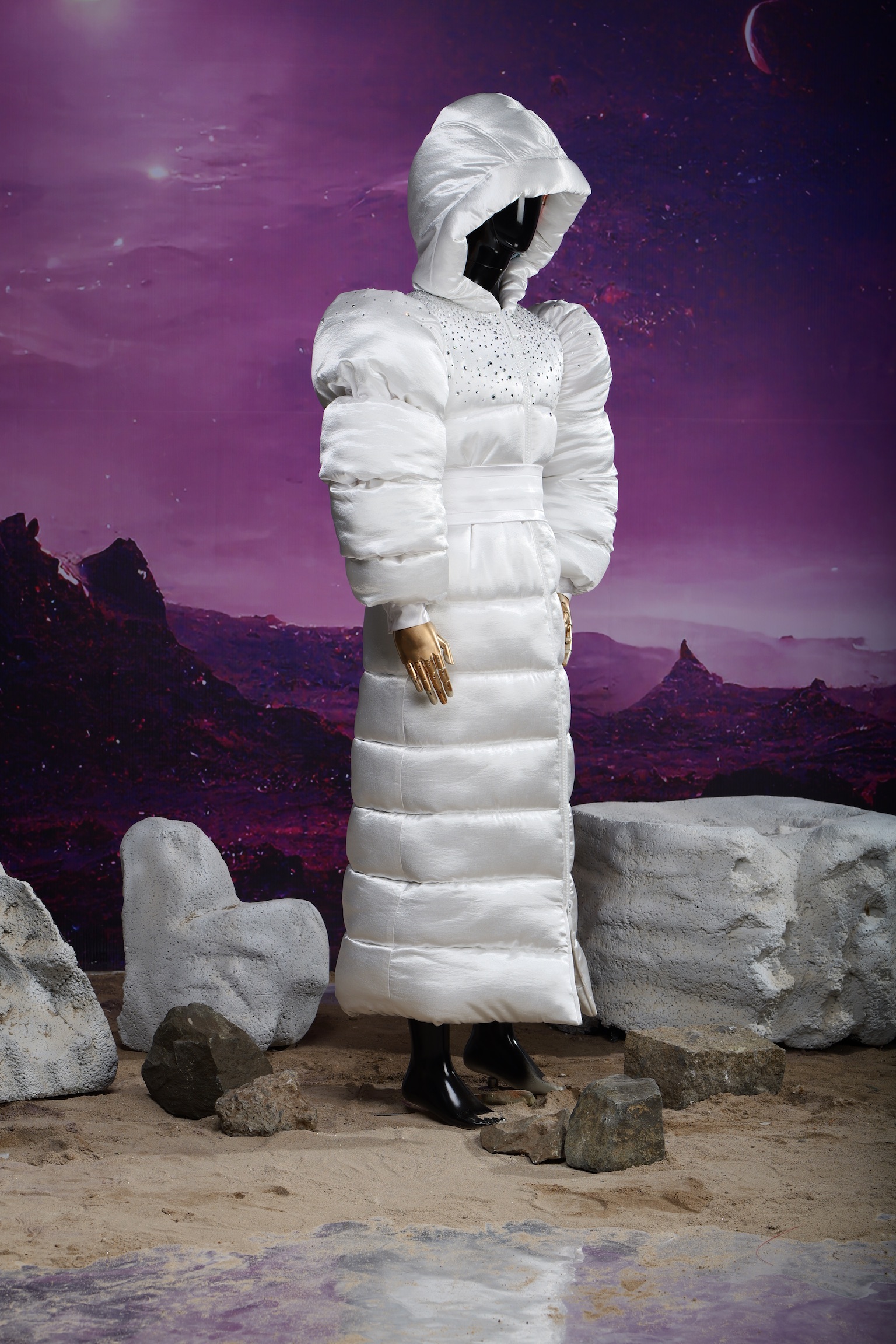 GLACIER alternate view: quilted channels and Swarovski crystal hood detail