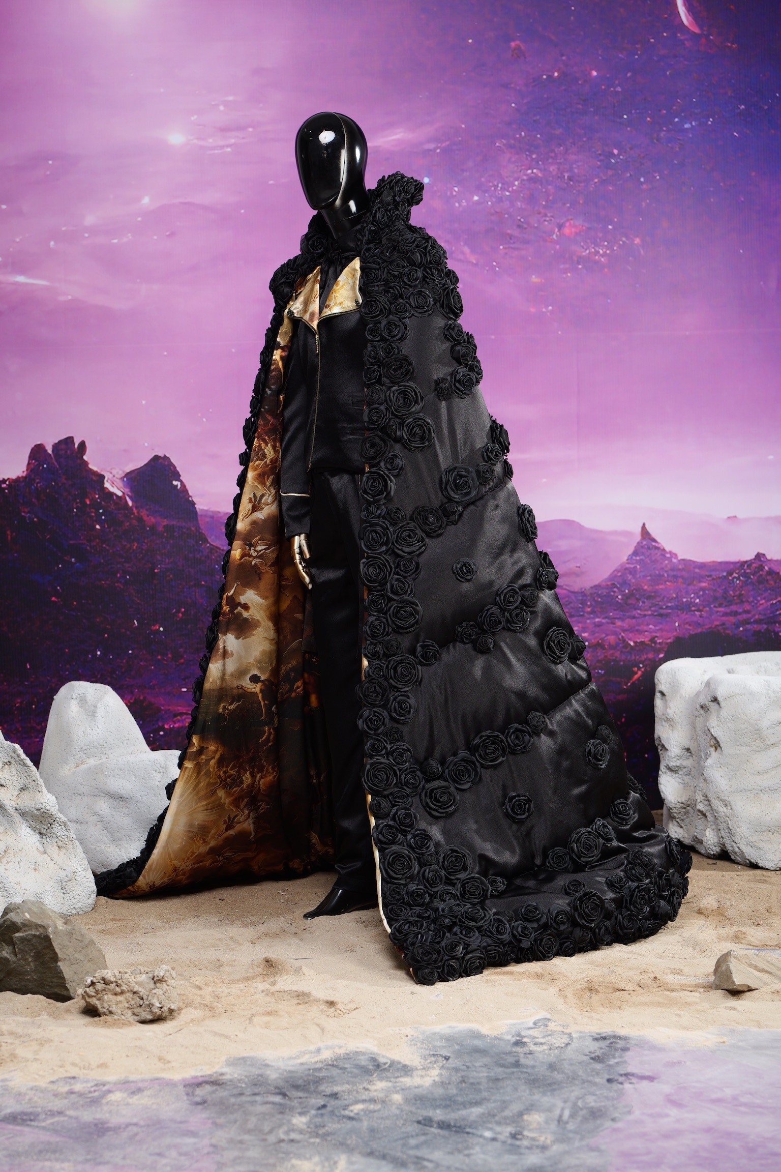 NOCTURNE back view: dimensional rosette applique across full back panel